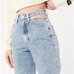 Hollister Social Tourist Ultra High Rise Straight Leg Jeans Cut-Out Waist, Blue